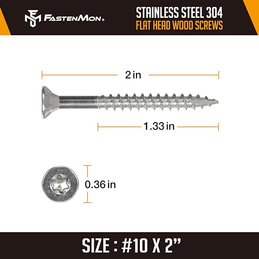 304 Stainless Steel Deck Screws, #10 x 2, 100 PCS | Torx Flat Head Type 17 Point with T25 Bit, Ideal for Outdoor Wood Projects, Fences, Benches, Picnic Tables, Decks, Bulk Box