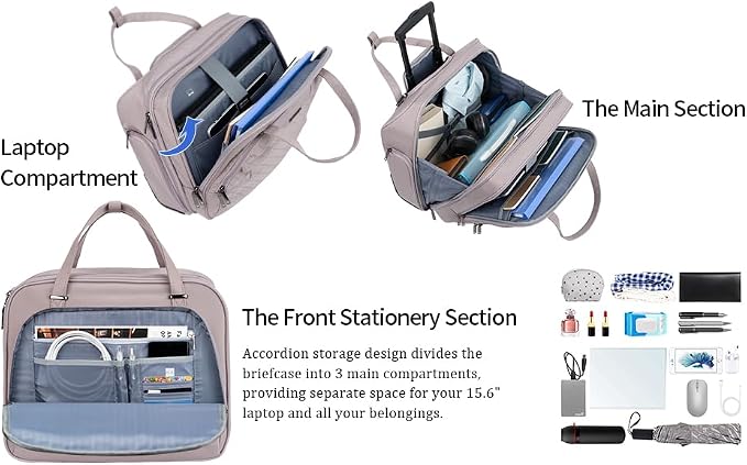 EMPSIGN Rolling Laptop Bag Women with Wheels, Briefcase for Women Fits Up to 15.6 Inch Laptop Briefcase on Wheels, Water-Repellent Overnight Rolling Computer Bag with RFID Pockets, Grey Pink