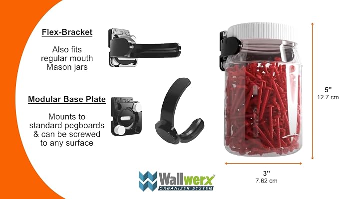 Pegboard Containers, Wall Organizer System, 16oz Clear Plastic Jar with Lid, 2-Pack, Secure and Modular for Home, Office, Craft, Garage, Storage and Organization.