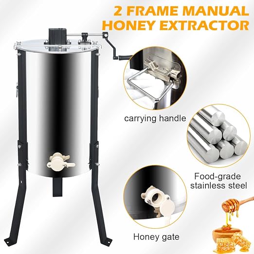 Honey Lake 2 Frame Manual Honey Extractor, Stainless Steel Honeycomb Drum Spinner with Transparent Lid, Beekeeping Equipment for Honey Extraction with Height Adjustable Stand