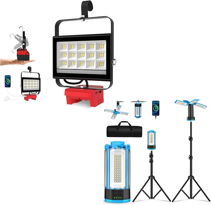 T-SUNiceM Cordless LED Work Light for Milwaukee 18V Battery and 10400mAh Rechargeable Camping Light with Stand