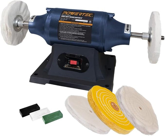 POWERTEC 6-Inch Bench Buffer Jewelry Polisher - Includes 5PCs 80Ply Buffing Wheels + 3PCs Polishing Compound Set | Benchtop Buffing Machine for Metal, Jewelry, Knives, Wood, Jade, and Plastic (BF601D)