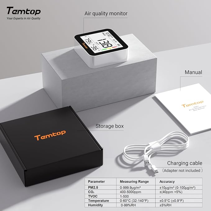 Temtop M10+ WiFi Air Quality Monitor, Rechargeable CO2 Detector with PM2.5 TVOC AQI Temperature and Humidity, 6-in-1 Indoor Pollution Meter with App Control, Data Export, E-Ink Screen for Home Office