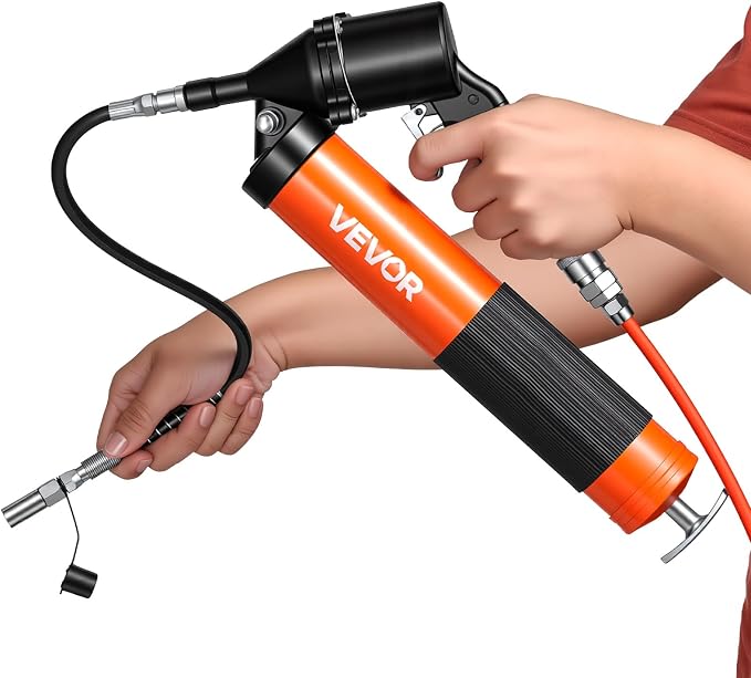 VEVOR Grease Gun, Continuous Cycle Heavy Duty 6000 PSI High Pressure, Pistol Grip Grease Gun Kit with 14 oz Capacity, Includes 18-Inch Flex Hose, 1 Extension Rigid Pipe, 2 Flat Nozzles for Automotive