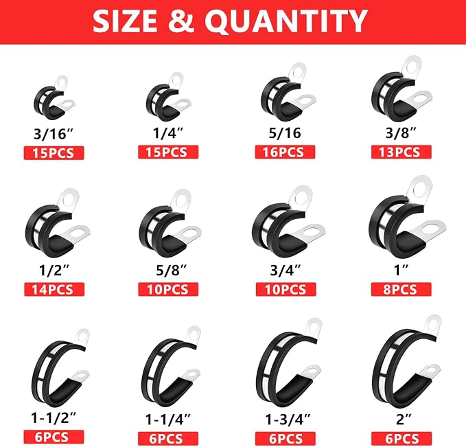 Newdeli 125Pcs Cable Clamps Assortment Kit 12 Sizes 3/16" 1/4" 5/16" 3/8" 1/2" 5/8" 3/4" 1" 1-1/4" 1-1/2" 1-3/4" 2" Stainless Steel Rubber Cushioned Hose Clamp Insulated Automotive Wire Pipe Clamps
