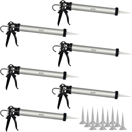 AWF PRO Sausage Caulking Gun, 20 oz Foil Pack and 10 oz Cartridge Convertible, 18:1 Thrust Ratio, Aluminum Barrel, Includes 3 Tips, Pack of 6