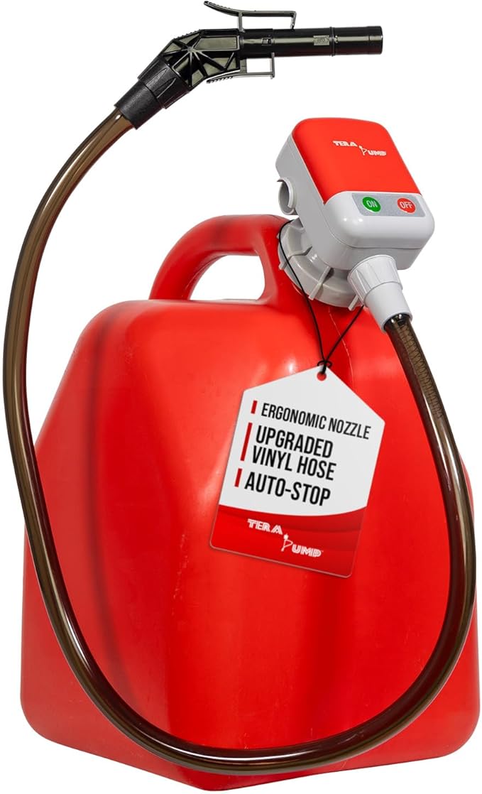 TERA PUMP 5th Gen TRFA01 Fuel Transfer Pump with Overfill Protection | 2.7 GPM, Universal Gas Can Adapter, 39.4 inch Vinyl Hose, For E15, E85, Gas, Diesel