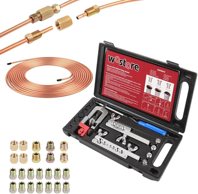 Wostore 25 FT 3/16" Brake Line Flare with 24 Brass Fittings & Double/Single Flaring Tool Kit for Single, Double (SAE) Flares & Bubble (ISO) Flares with Tubing Cutter Pipe Reamer for 3/16-5/8" 7 Sizes