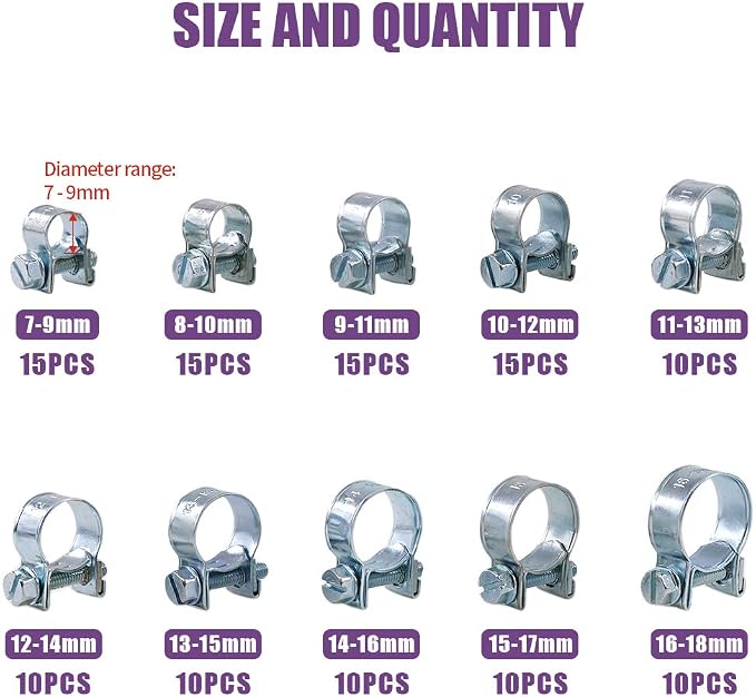 Swpeet 240Pcs 304 Stainless Steel Single Ear Hose Clamps and Zinc Plated Mini Hose Clanps