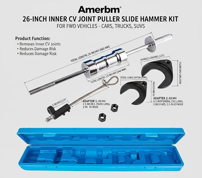 10lb Heavy Duty CV Axle Removal Tool Kit, Professional Inner CV Joint Puller with 10 Pounds Slide Hammer, 63mm & 48mm CV Joint Fork Adapter Attachments for Front Wheel Drive FWD Axle Half Shaft