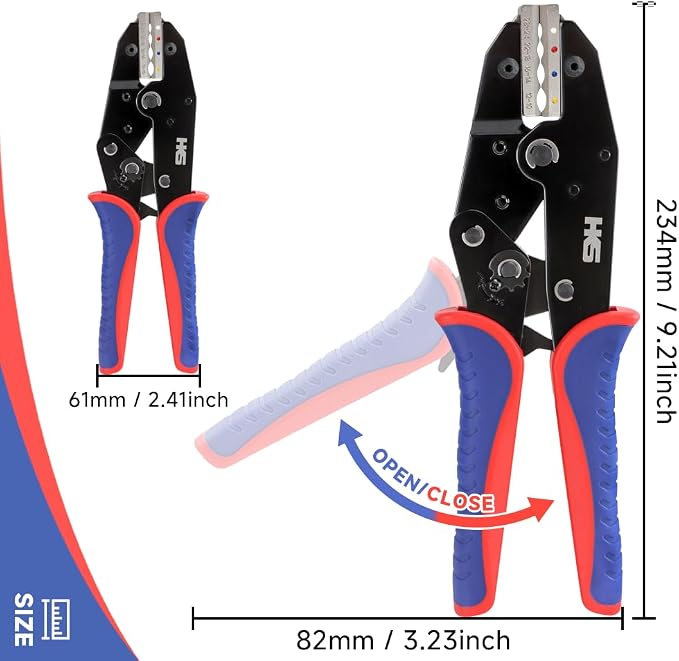 HKS Crimping Tool For Heat Shrink Connectors - Ratcheting Wire Crimpers - AWG 28-10 (0.25-6.0mm²) - Ratchet Terminal Crimper - Electrical Crimping Tool