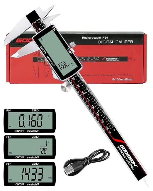 GODESON Digital Caliper, Rechargeable Digital Micrometer-IP54 Waterproof, Stainless Steel & Large LCD Screen Caliper Measuring Tool-Inch/Metric/Fraction,6" Calipers-Auto Off for Pros & DIYers