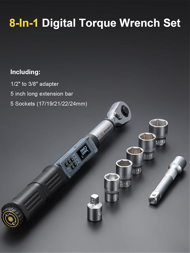 GROWNEER Upgraded Digital Torque Wrench Set, 7.38-147.5 Ft-lbs/10-200 nm, 1/2'' Drive Rachet Torque Wrench with Buzzer & Colorful LED Indicator, Electronic Wrench for Motor Car Tires Auto Repair