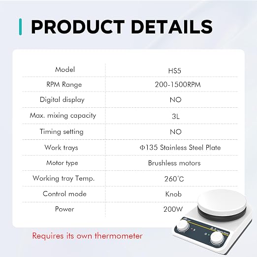 LAB FISH HS5E Magnetic Stirrer Hot Plate, 260℃/500℉ | 5 inch stir plate, 3L capacity, knob speed control, for lab heating & mixing