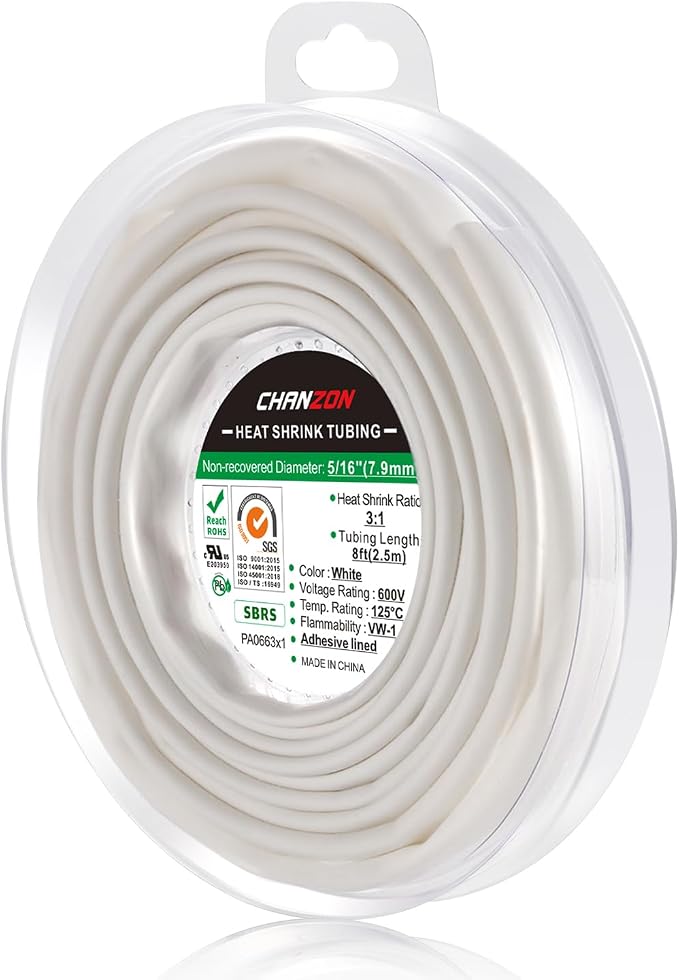 Chanzon 3:1 Ratio 5/16" (7.9mm) Heat Shrink Tubing - Marine Grade Waterproof Adhesive Lined - 8Ft Roll (2.5M Total Length) White Polyolefin Sleeving Wrap Shrinking 3 to 1 Ratio 1pcs