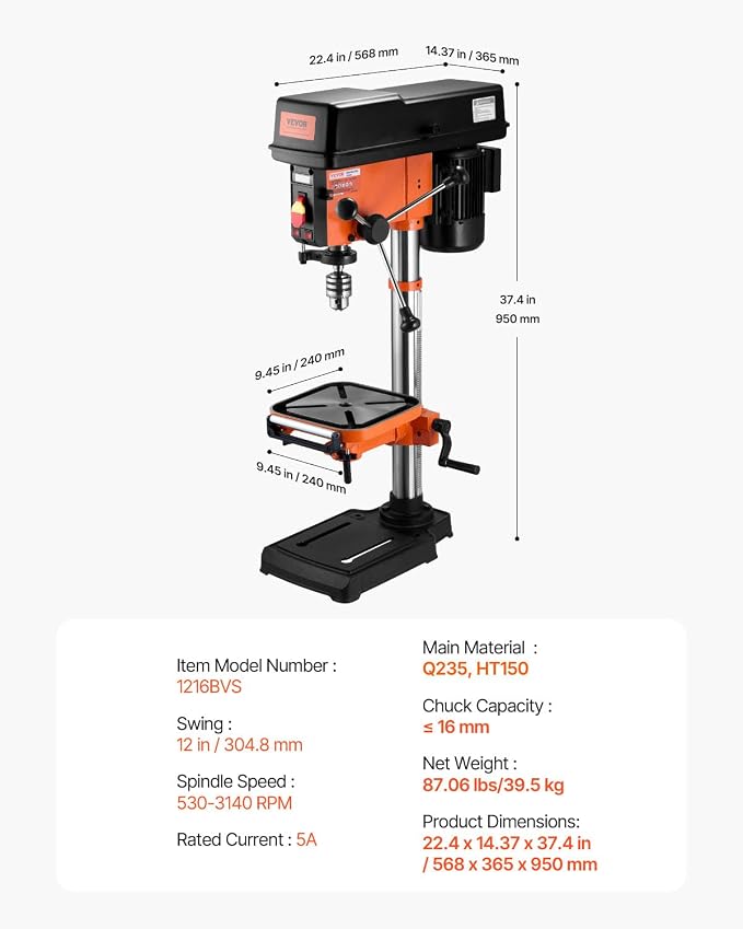 VEVOR 12 in Benchtop Drill Press, 5 Amp 120V, Variable Speed Cast Iron Bench Drill Press, 12 in Swing Distance 0-45° Tiltling Worktable with Laser Work Light, Tabletop Drilling Machine for Wood Metal