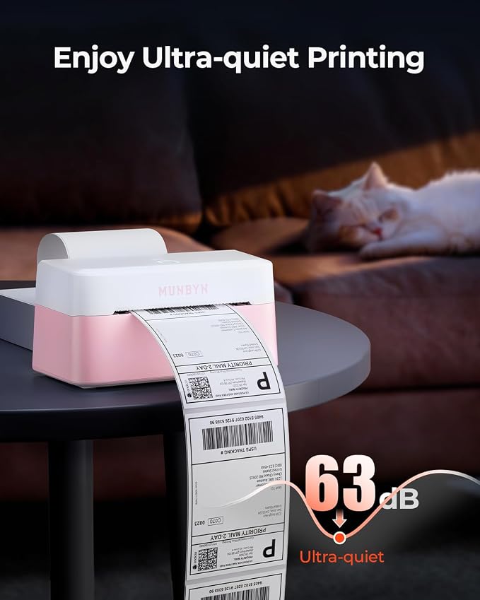 MUNBYN Bluetooth Thermal Label Printer RW403B, Wireless 4x6 Shipping Label Printer for Small Business, Compatible with Android, iPhone, Windows, Mac, Chromebook, Print Width 1.57"-4.25" (Pink)