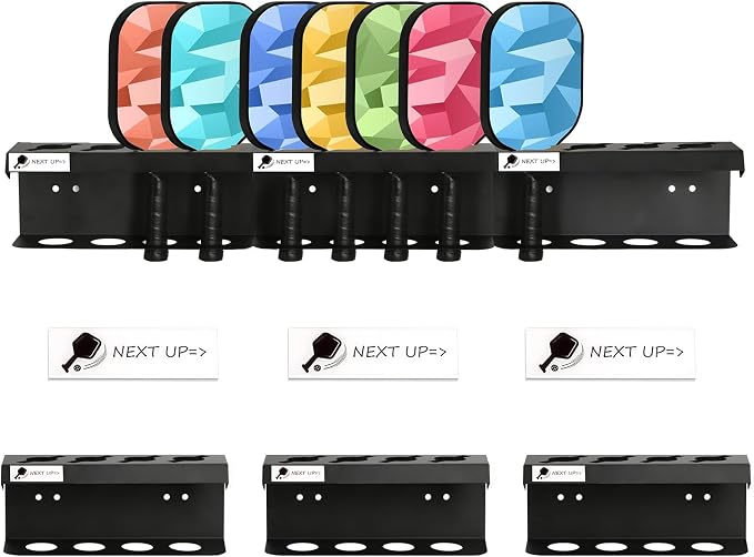 Pickleball Racket Ball Holder Holds 4/12 Paddles Pickleball Storage Rack with Label to Track Next Up Players Pickleball Paddle Holders To Fence Wall Hanging Storage Outdoor Not Include Paddles (3)