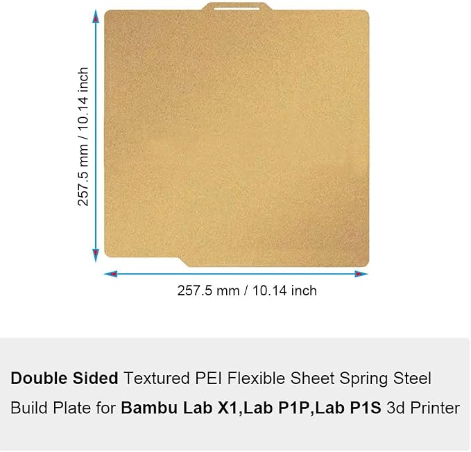 HzdaDeve PEI Sheet for Bambu Lab X1/X1C/P2S/P1P/P1S/A1 Carbon Build Plate Heated Bed Spring Steel Flexible Platform 257.5x257.5 mm Double Side Textured Board for 3D Printer (Gold)