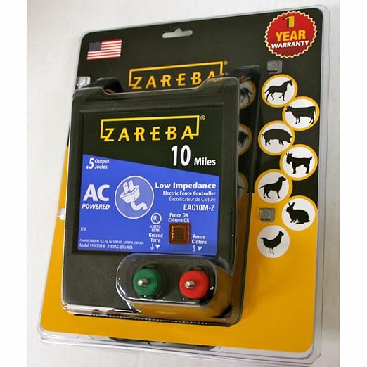 Zareba 10 Mile AC Powered Low Impedance Electric Fence Charger - 0.5 Joule Output, Plug-In Electric Fence Energizer for Cattle, Horses, Pigs, Goats, Livestock, Temporary Cattle Fence Charger, EAC10M-Z
