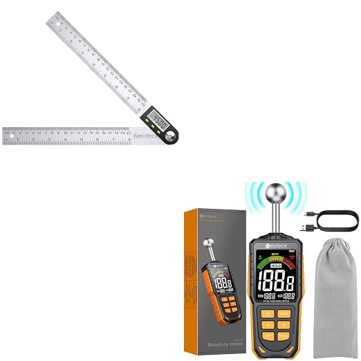 Neoteck Professional Measurement Kit: Digital Angle Finder Ruler 8 inch & Spherical Inductive Pinless Moisture Meter with LCD Display, Data Hold, Zero Reset, 3-Color Indicator, USB Rechargeable