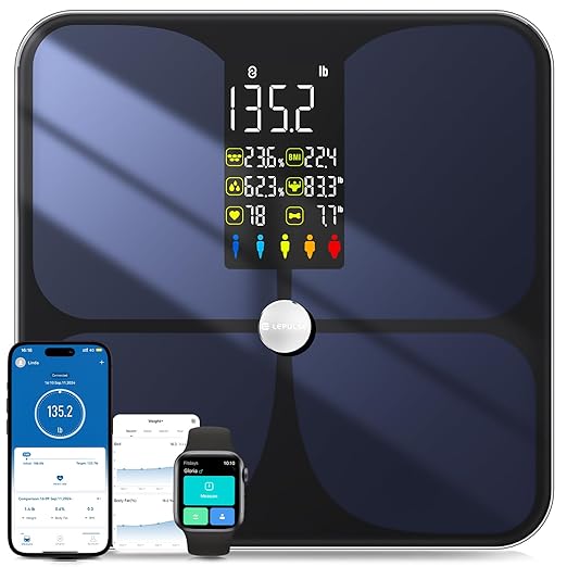 Lepulse Scale for Body Weight, Smart Digital Bathroom Weight Scale with BMI Body Fat Muscle Mass, 20 Body Composition Metrics,4.68"Large Display, Heart Rate, Accurate Bluetooth Weighing Scale with App