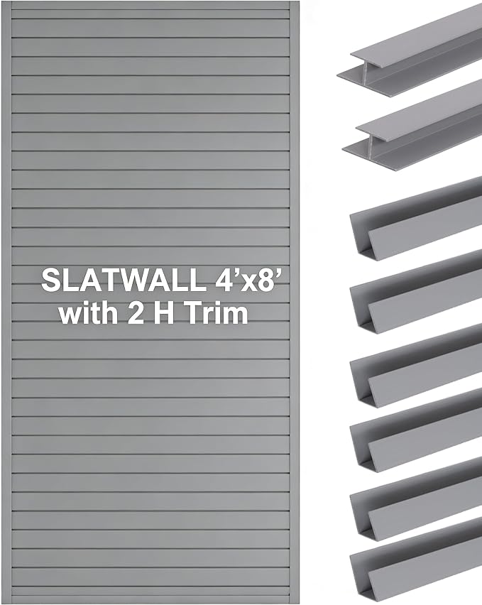 FRAYSCENT Slat Wall Paneling Garage Wall Organizer, Slatwall Panels Garage Tool Organizer Wall Mount Garage Slat Wall Storage Systems, Slat Board PVC Wall Panels (Grey, 8ftx4ft with 2H Trim)
