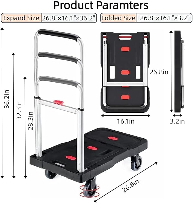 Folding Hand Truck, 330 Lbs Heavy Duty Luggage Cart, Portable Push cart Dolly with Adjustable Handle for Auto, Luggage, Personal, Travel, Moving Shopping and Office Use