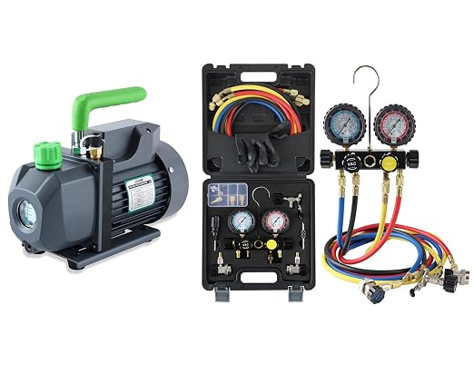 Lichamp HVAC Gauges with Hoses, AC Manifold Gauge Set R134A R410A R404A R22 Refrigerant Gauges and 4.5 cfm 1/3 HP HVAC Single Stage Vacuum Pump for R134a R410a R22 R12