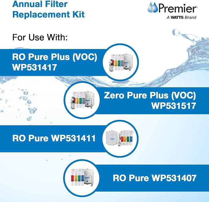 Watts Premier Annual RO Pure Plus 5-Pack Filtration Kit for 4 Stage Pure Plus/Zero Pure Plus Reverse Osmosis System, Push Button Water Filter Replacement, 2 Sediment Filters, 2 Carbon Pre-Filters, VOC