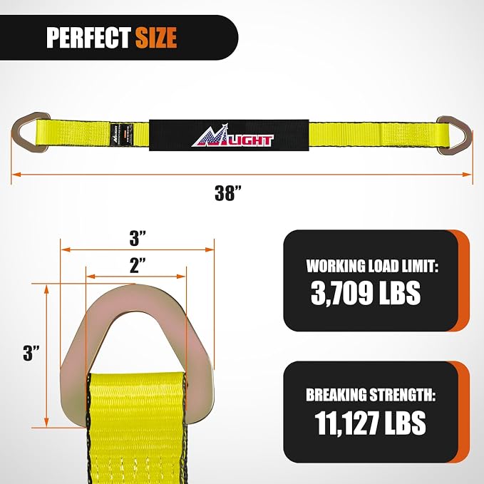 Nilight Axle Tie Down Straps 2" x 38" with D-Rings and Protective Sleeve 11,127 LBS Break Strength – Car Hauler Tie-Downs for Engine Hoist Truck Trailer & UTV 4 Pack (Yellow)