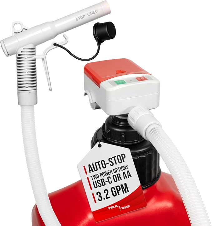 TERA PUMP Dual Power Auto Stop Liquid Transfer Pump | 3.2 GPM, AA Battery or USB-C Powered, 54" Durable PE Hose, Nozzle Cap, For Gasoline & Diesel