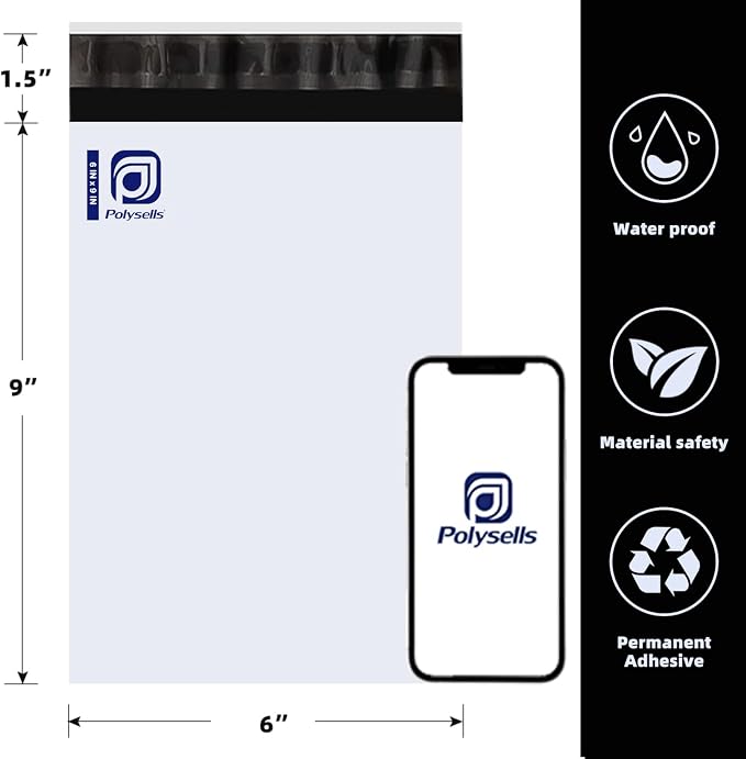POLYSELLS Poly Mailers Shipping Envelopes, Strong Adhesive Sealing, Waterproof, and Tear-resistant Postal Mailing Bags for Clothing, Books, and Accessories (White, 100, 6" X 9")