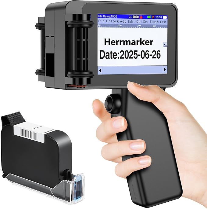 Mini Handheld Inkjet Printer Gun, Date Printer with 42ml Quick-Drying Ink Cartridge, 0.5” Nozzle Handheld Batch Code Machine for Barcode,Number,Text,QR-Code,Logo and Image on Carton Plastic Tube Metal