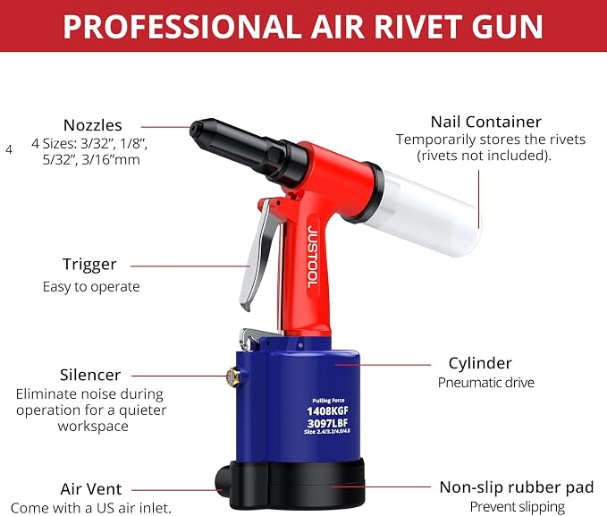 JUSTOOL 3097 LBF Heavy Duty Pneumatic Rivet Gun, Air Rivet Gun 4 Nosepieces 3/32", 1/8", 5/32", 3/16", NPT 1/4 inch Air Riveter Pop Rivet Gun Kit 16mm Maximum Stroke for DIY Automotive Industries