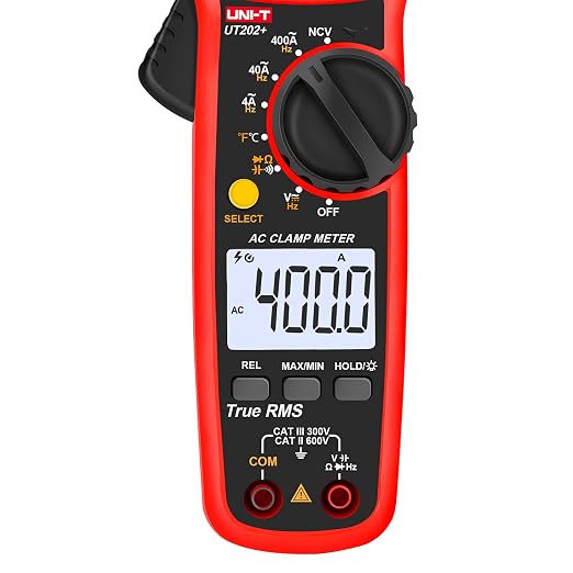 UNI-T Digital Clamp Meter UT202+, AC Current TRMS HVAC Volt Amp Ohm Meter Clamp On Multimeter Auto Ranging 4000Counts Temperature AC DC Voltage Frequency Resistance Capacitance Continuity Diode Tester