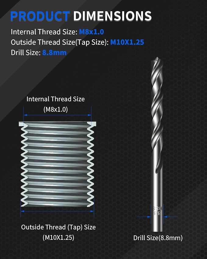 M8x1.0 Metric Thread Repair Kit, with HSS Drill, HSS Tap, Counterbore, Installation Driver, M8x1.0MM 10 pcs 304 Stainless Steel Inserts (11.7mm Length)