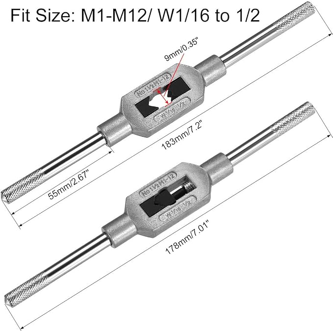 uxcell Adjustable Tap Wrench Handle, for Metric M1-M12 W1/16-1/2 Taps, Thread Tap Holder Reamer Hand Tapping Tool for Machinist Repair, Medium Carbon Steel Handle with Nickel Plated