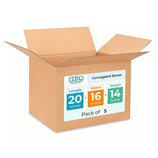 IDL Packaging - B-201614-5 Medium Corrugated Moving Boxes 20"L x 16”W x 14"H (Pack of 5) - Prime Choice of Strong Packing Boxes for Moving or Relocating