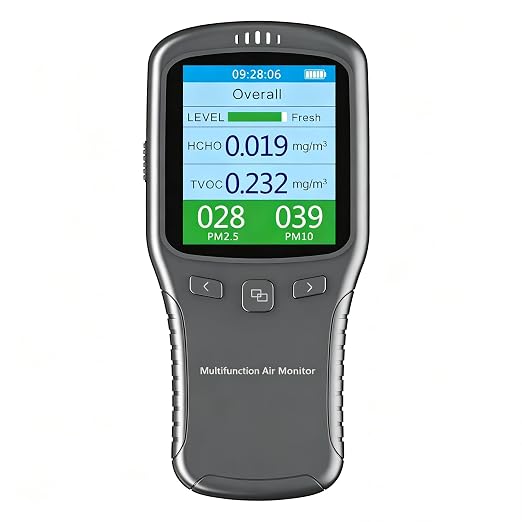Air Quality Monitor, 5-in-1 Air Quality Tester, for Enclosed Spaces | Measures HCHO, TVOC, AQI, PM2.5, PM10，with a color LED screen showing specific real-time data clearly.