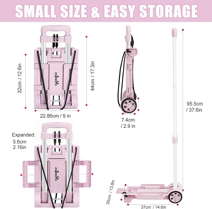Folding Dolly Pink Hand Cart,Folding Hand Truck Aluminum Trolley,Small Dolly, Foldable Hand Cart 2 Wheel Luggage Trolley Expandable Large Chassis Foldable into Backpack Car Trunk