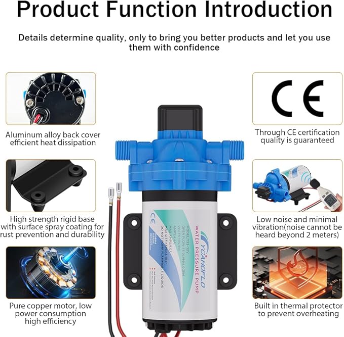 12V DC Electric High Voltage Diaphragm Pump, Equipped with pressure switch，4.0GPM, 45PSI, In line Water Transfer Pump, Camping Water System, Garden Hose and Pump Demand Water Pressure Boosting Pump