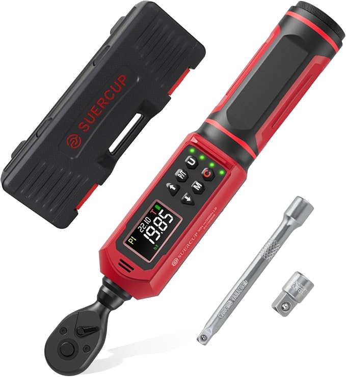 SUERCUP 1/4" Digital Torque Wrench, 0.33-22.1Ft.Lb/0.45-30N.m, for Bicycle | ±1% Accuracy Electronic Torque Wrench with Vibration/Buzzer/LED Flash, 9 Presets & 5 Units, for Carbon Bike & Moto Assembly