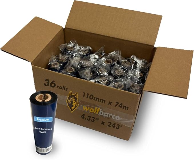 Wolfbarco 36 Rolls 4.33" x 243' (110mm x 74m) Premium Resin-Enhanced Wax Thermal Transfer Ribbon Black 1/2" Core CSO for Zebra GC/GK420t, GX420t, ZD421t, 621t, TLP2824, Eltron Desktop Barcode Printers