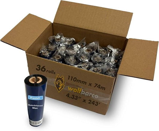 Wolfbarco 36 Rolls 4.33" x 243' (110mm x 74m) Premium Resin-Enhanced Wax Thermal Transfer Ribbon Black 1/2" Core CSO for Zebra GC/GK420t, GX420t, ZD421t, 621t, TLP2824, Eltron Desktop Barcode Printers
