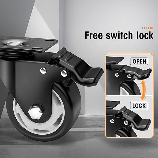 Casters, 3" Caster Wheels，Casters Set of 8 Heavy Duty - ASRINIEY Black Polyurethane Castors, Top Plate Swivel Wheels, 8-Pack Industrial Casters with Brake, Locking Casters for Furniture and Workbench