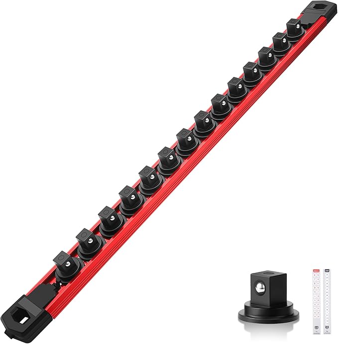 Reniteco Magnetic Socket Organizer, 3/8" Drive Aluminum Alloy Socket Rail, Heavy Duty Magnetic Socket Holder with 14PC 360° Swivel Removable Clips, Magnetic Socket Rack for Tool Box Drawer, Red