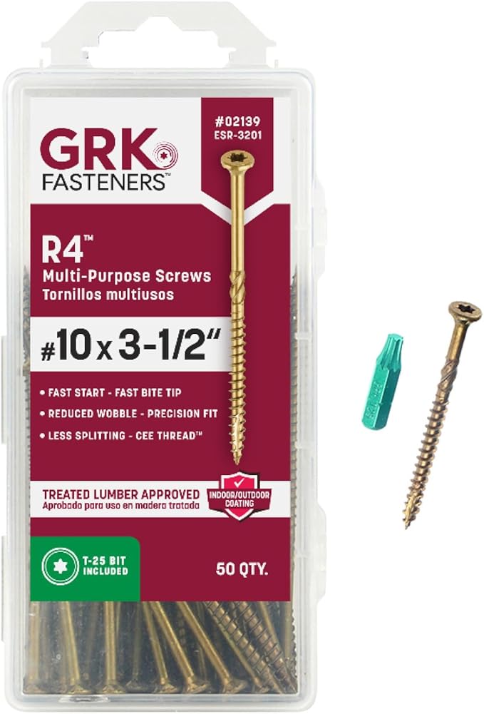 GRK Fasteners R4™ #10 x 3-1/2 Inch, Multi-Purpose Framing Screws, 50 PCS, Rust Resistant Climatek™ Coating, Outdoor Fencing and Deck Screws, Fast Bite Tip, Star Drive Recess, T-25 Bit Included, Gold
