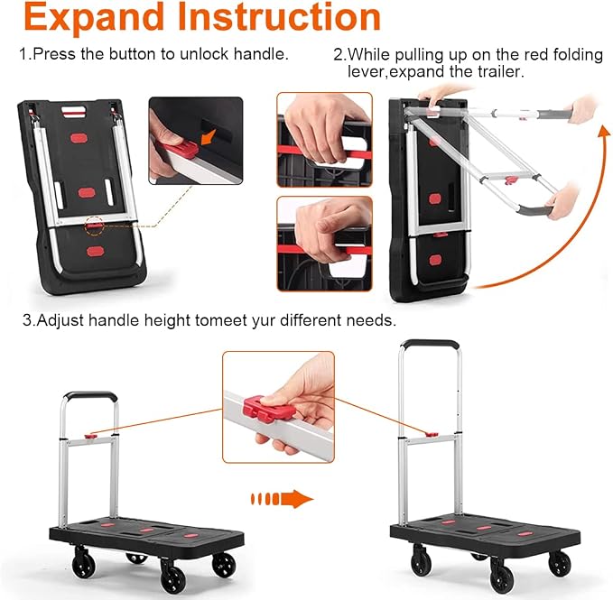 Folding Hand Truck Platform Truck 330 Lb Heavy Duty Dolly Cart | Fully Folded Push Cart, Portable Trolley Utility Cart for Easy Storage, Garage Moving Shopping Home Office