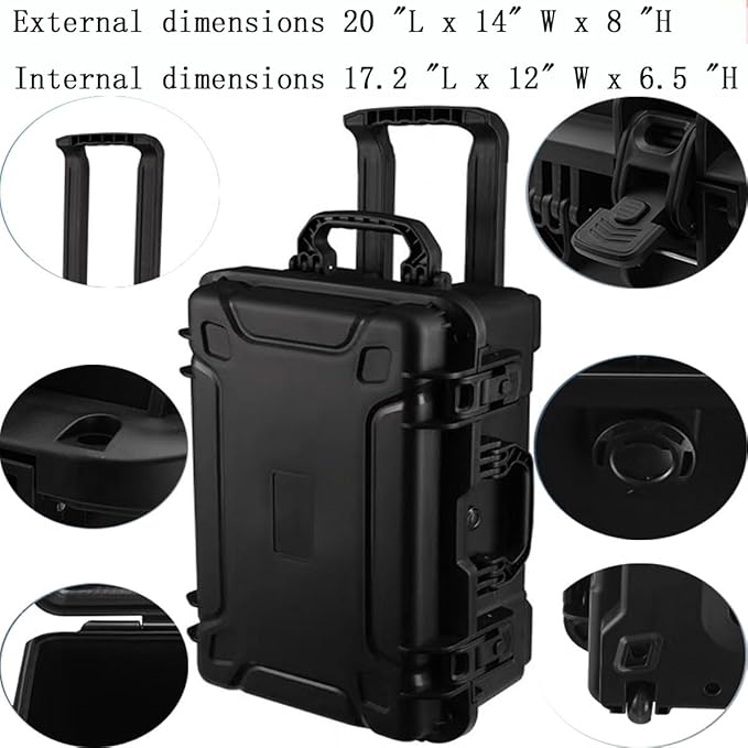 20" L x 13" W x 8" H Large Hard Case with Foam, Portable Rolling Hard Case with Wheels, Waterproof Shockproof Dustproof, Suitable for Cameras, Lenses, Camcorder, Instrument, Telescopes